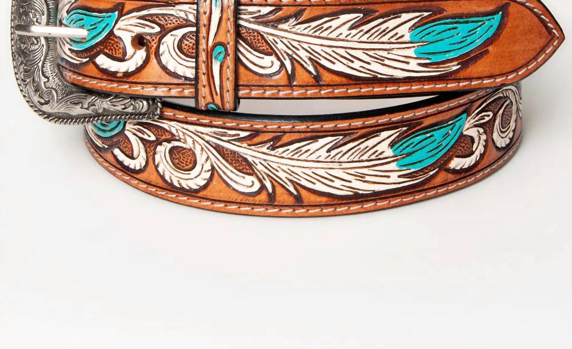 American Darling Women's Tooled Leather Western Belt in turquoise feathers - women's accessory