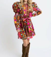 Karlie Floral Frame Puff-sleeve Mini Shirt Dress in brown - women's dress