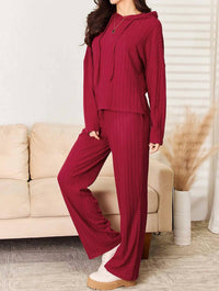 Basic Bae - Full Size Ribbed Drawstring Hooded Top And Straight Pants Set
