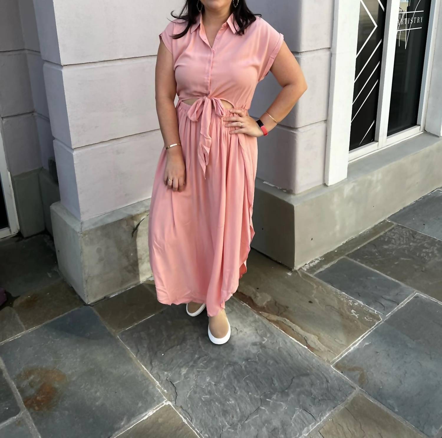 Kori - Button Up Tie Front Detailing Midi Dress