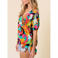Lovely Melody - Colorful Floral Hi-Lo V-Neck Top
