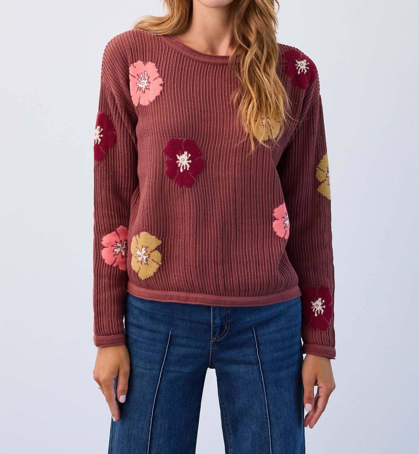 FDJ Floral Intarsia Sweater in warm bronze - women's sweater - detail view