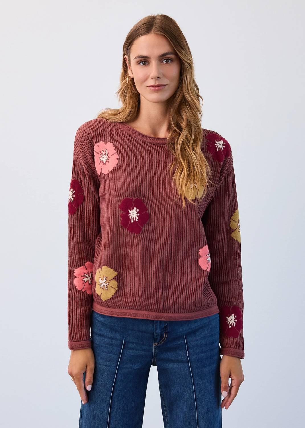 FDJ Floral Intarsia Sweater in warm bronze - women's sweater - alternate view
