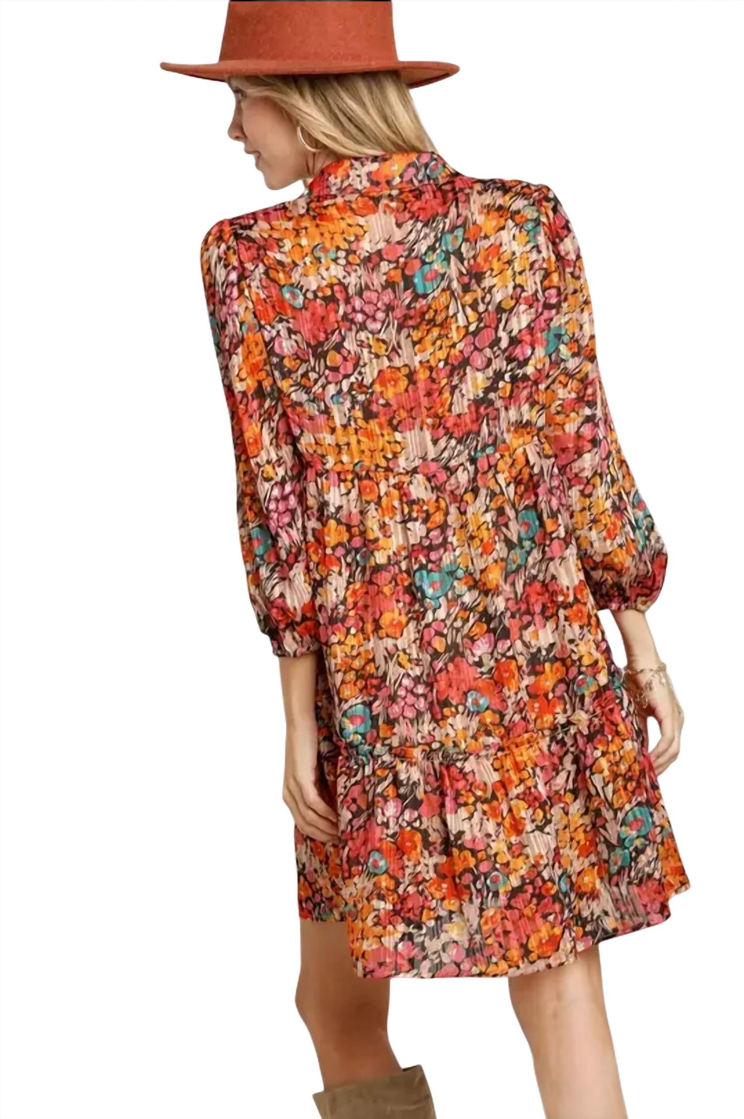Umgee - V-neck Metallic Floral Print Dress