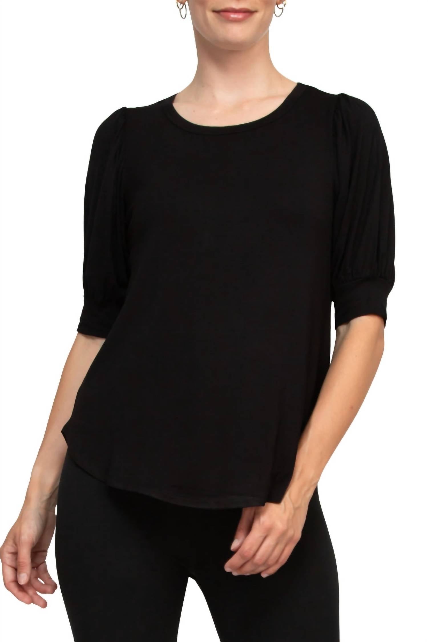 Joan Vass - Short Shirred Sleeve Shirttail Hem Blouse