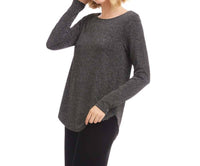 Karen Kane Long Sleeve Metallic Stripe Shirttail Top - Petite in black with silver - women's long sleeve top - detail view