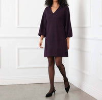 Karen Kane Blouson Sleeve Metallic Knit V-Neck Dress in eggplant - women's dress - view 5