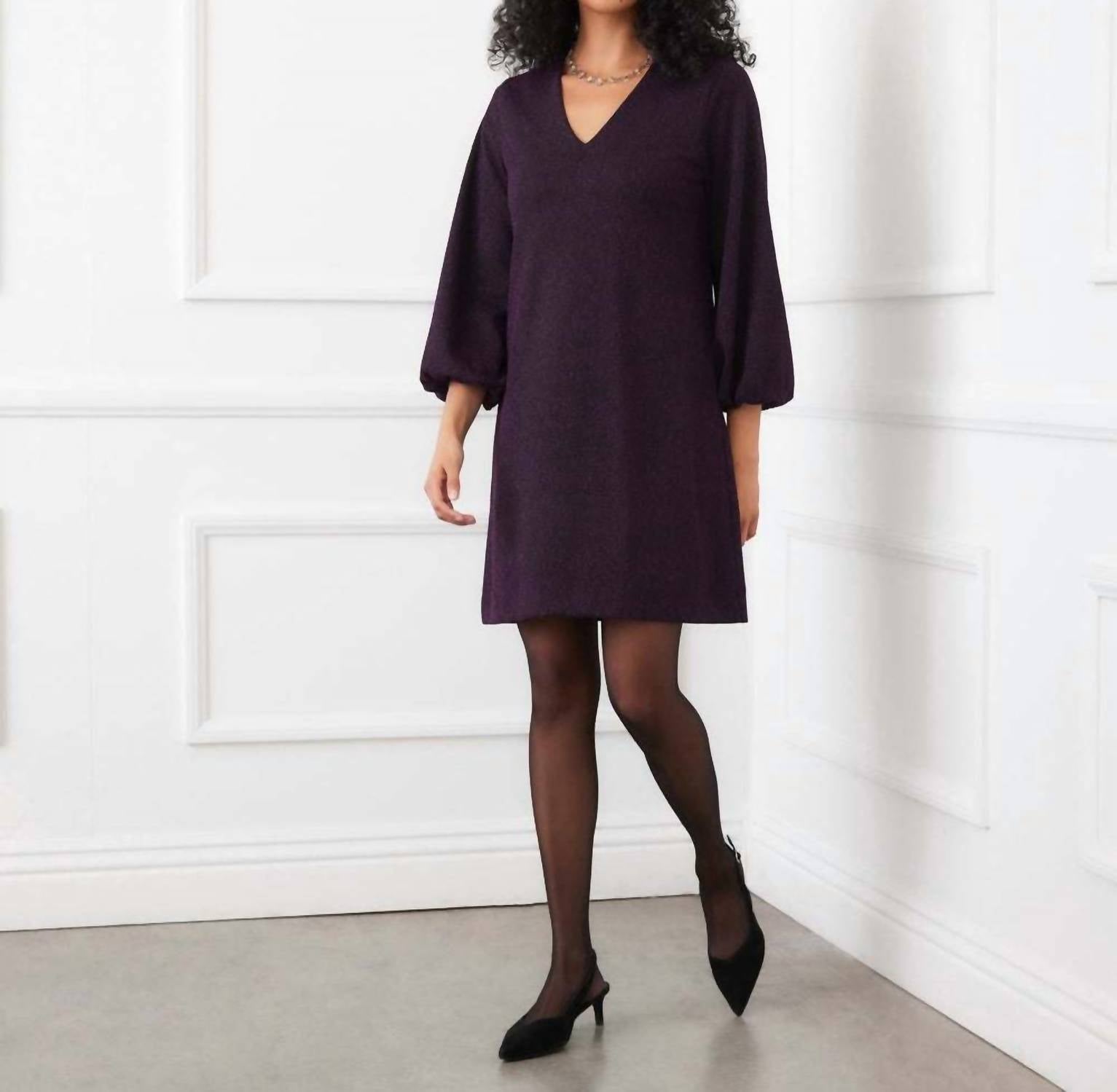 Karen Kane Blouson Sleeve Metallic Knit V-Neck Dress in eggplant - women's dress - view 5