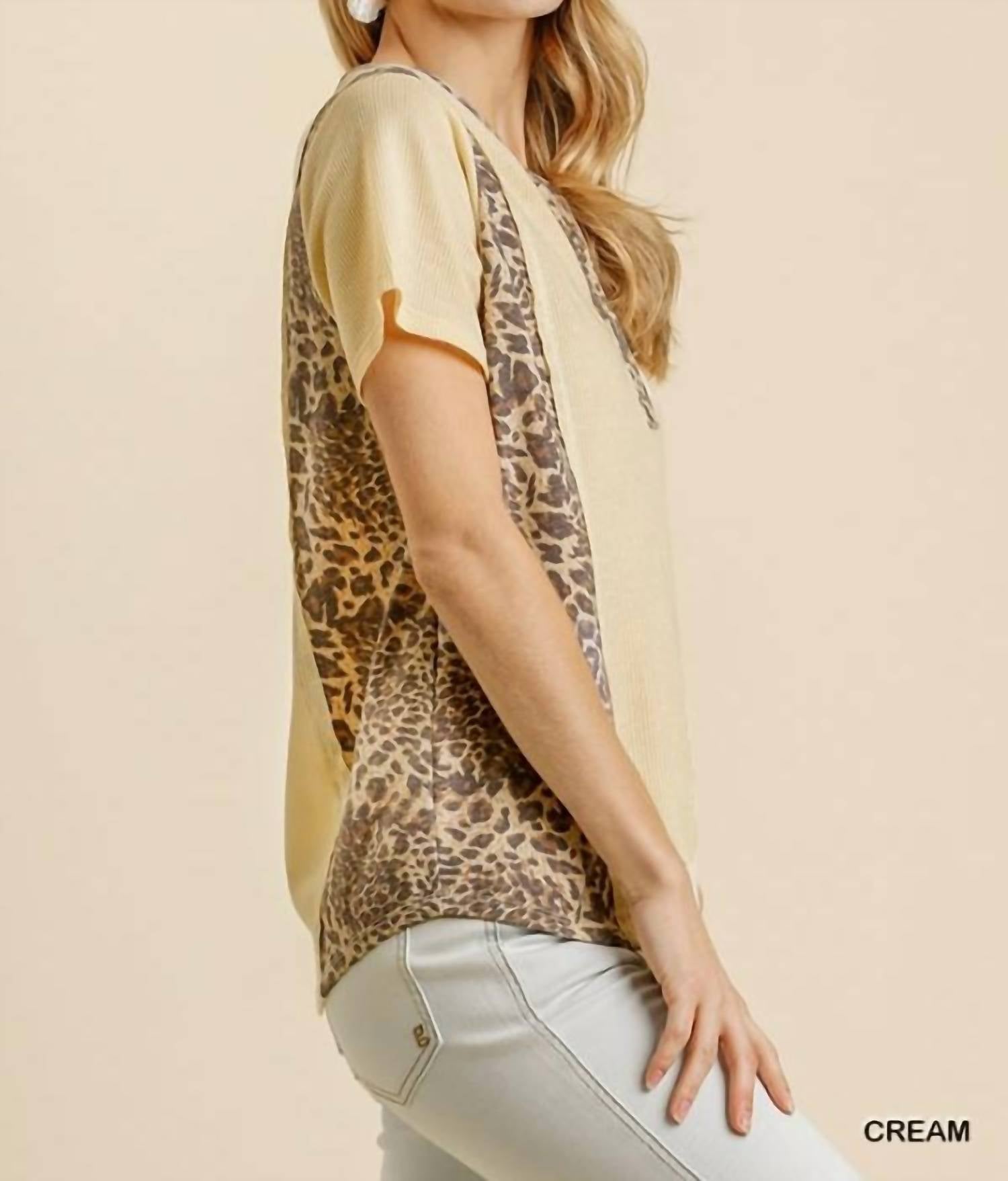 Umgee - Leopard Trim Waffle Knit Top