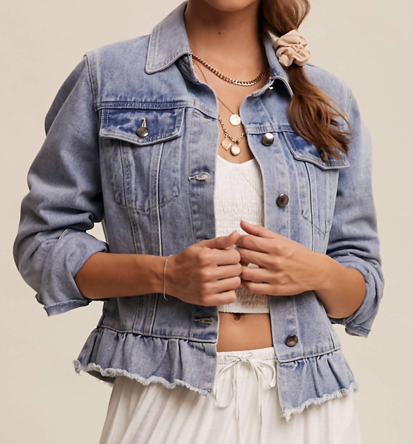 Listicle - Ruffled Hem Denim Jacket