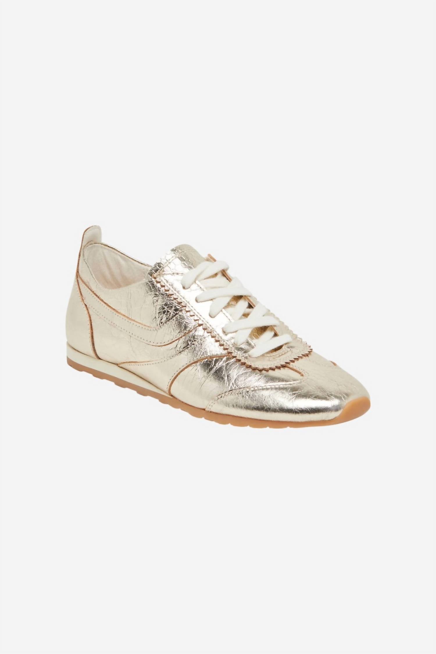 Dolce Vita Women's Delany Crinkle Patent Sneaker in light gold - women's sneaker - detail view