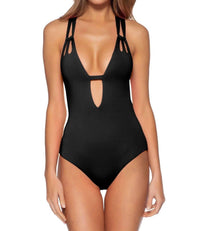 BECCA Virtue Code Skylar Loop Plunge One-piece in black - women's swimwear