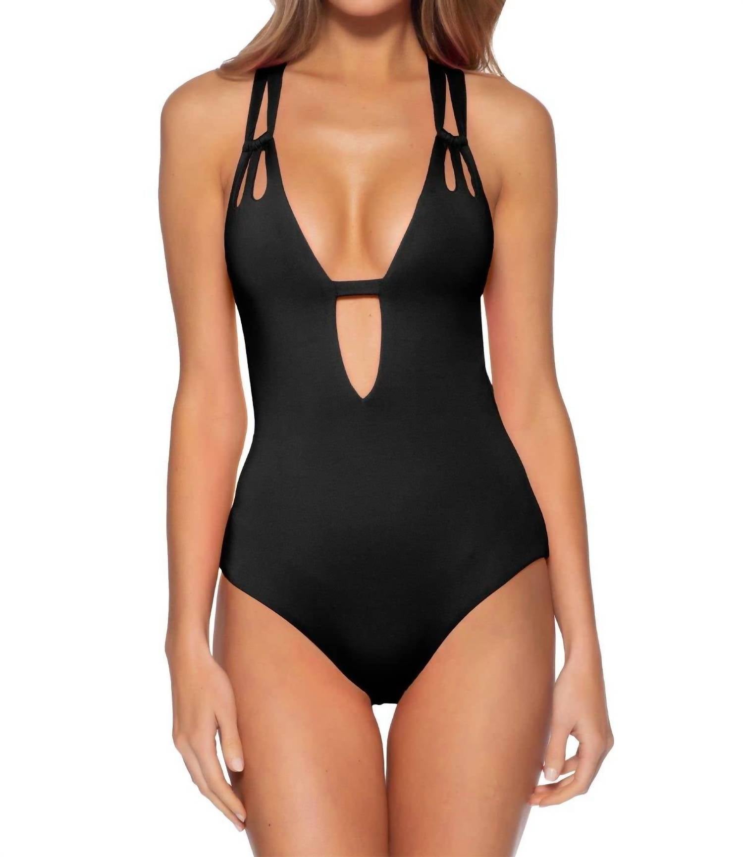 BECCA Virtue Code Skylar Loop Plunge One-piece in black - women's swimwear
