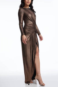 DRESS THE POPULATION Shimmery Sparkling Romera Long Sleeve Maxi Dress in bronze - women's dress - detail view