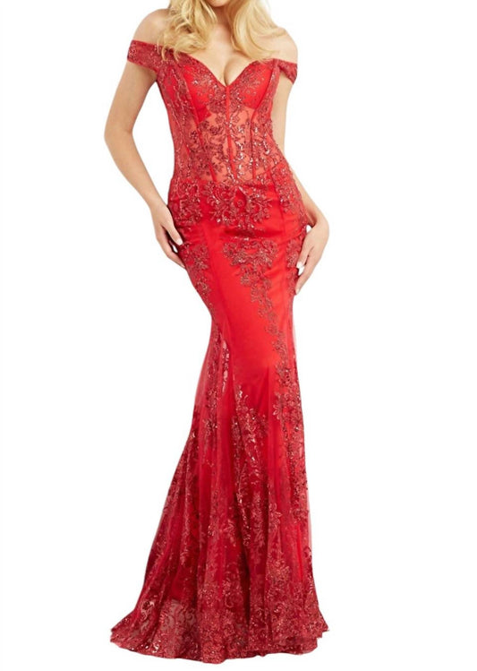 Jovani - BEADED OFF SHOULDER EMBELLISHED MERMAID GOWN