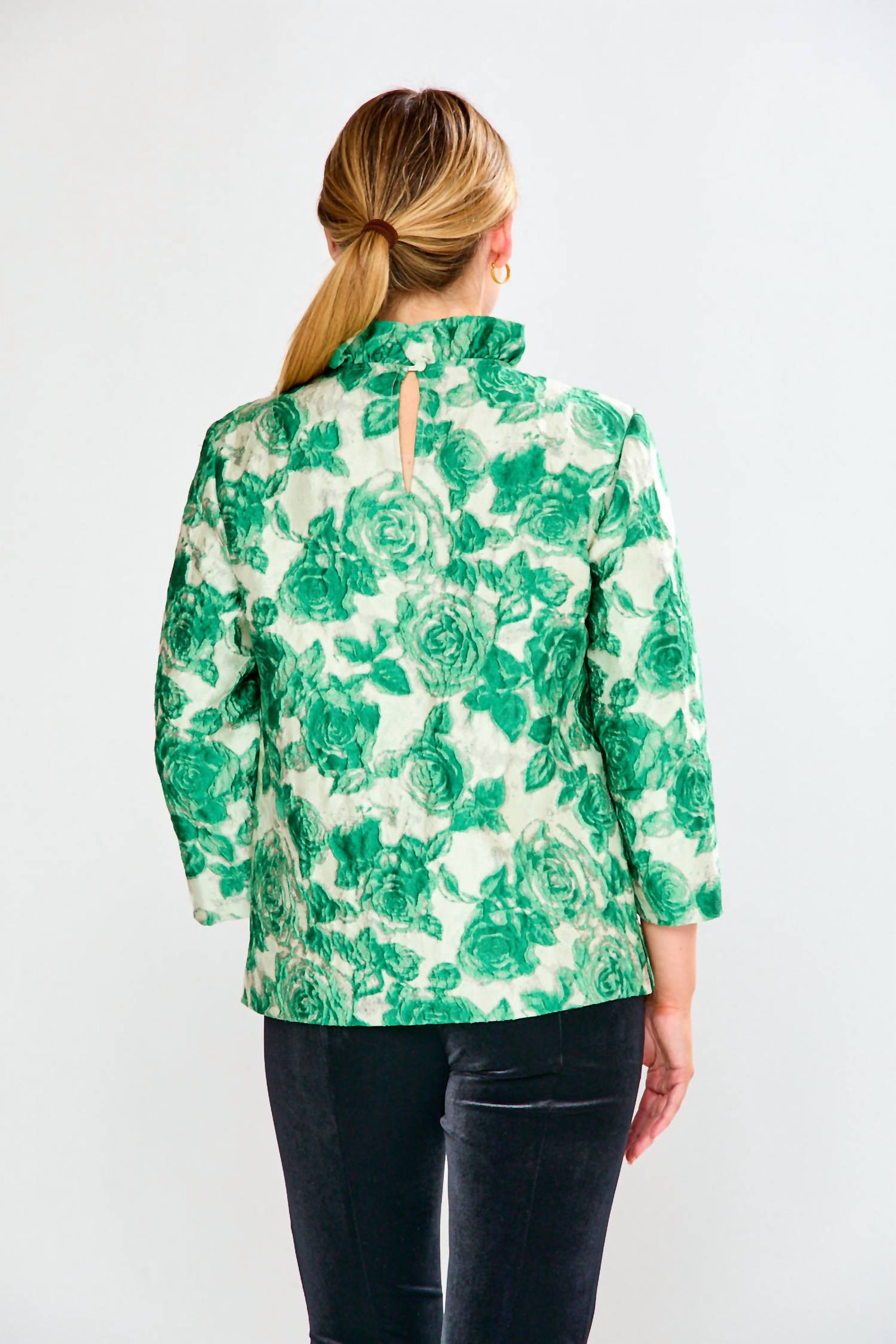 SARA CAMPBELL Finch A-line Blouse in green roses - women's blouse - detail view