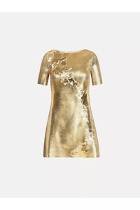 Oscar de la Renta Short Sleeve Foil Lace Embroidered Knit Dress in gold - women's dress - view 5