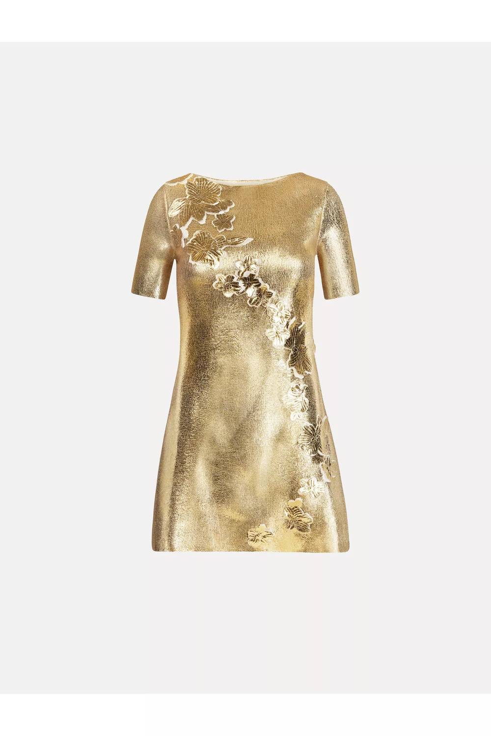 Oscar de la Renta Short Sleeve Foil Lace Embroidered Knit Dress in gold - women's dress - view 5