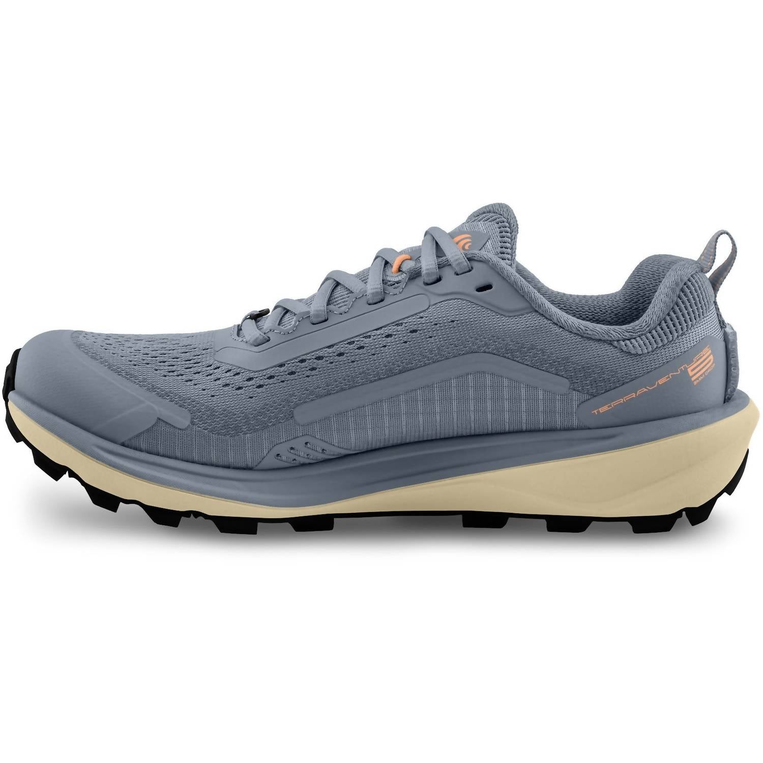 Topo Athletic Women's Terraventure 5 Trail Running Shoe in grey peach - women's shoe - detail view