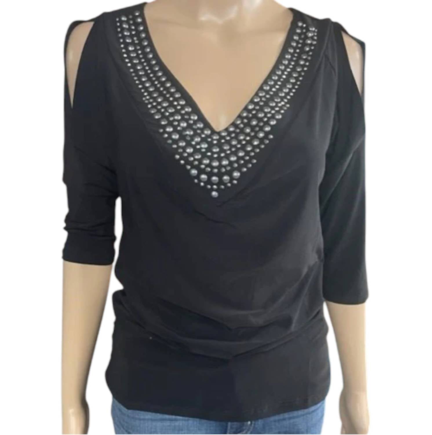 Vocal Apparel - Women's V Neck Front Stud Embellished 3/4 Sleeve Top