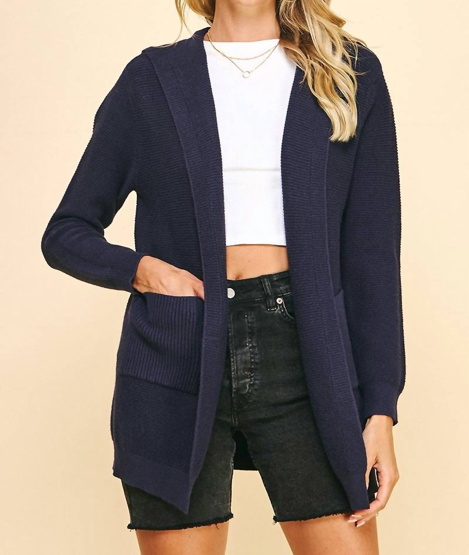 PINCH Open Front Hooded Cardigan in navy - women's cardigan