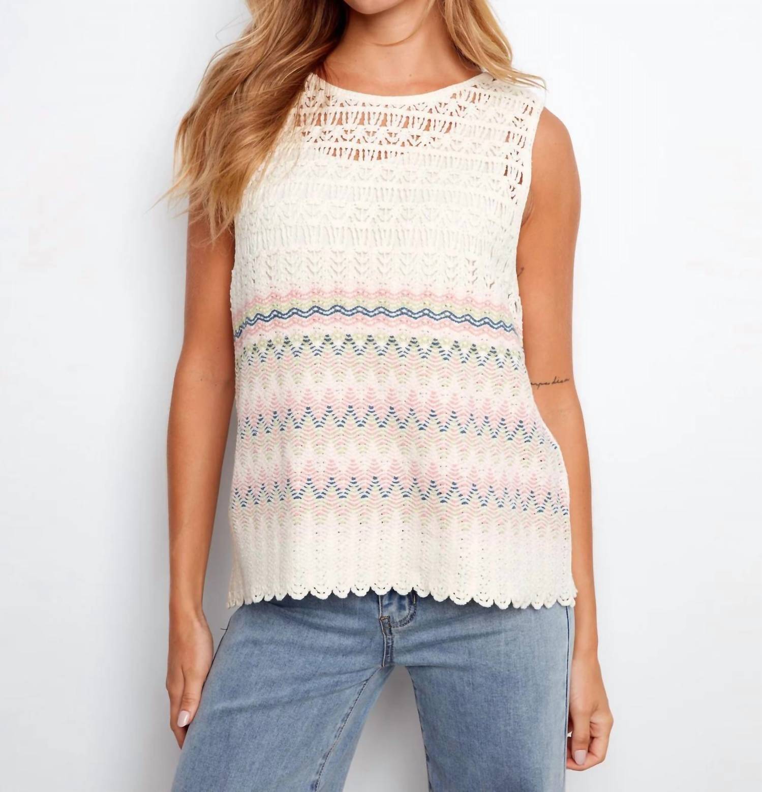Charlie B - Striped Sleeveless Crochet Cotton Blend Top