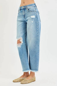 Risen - High Rise Crop Barrel Distressed Jeans