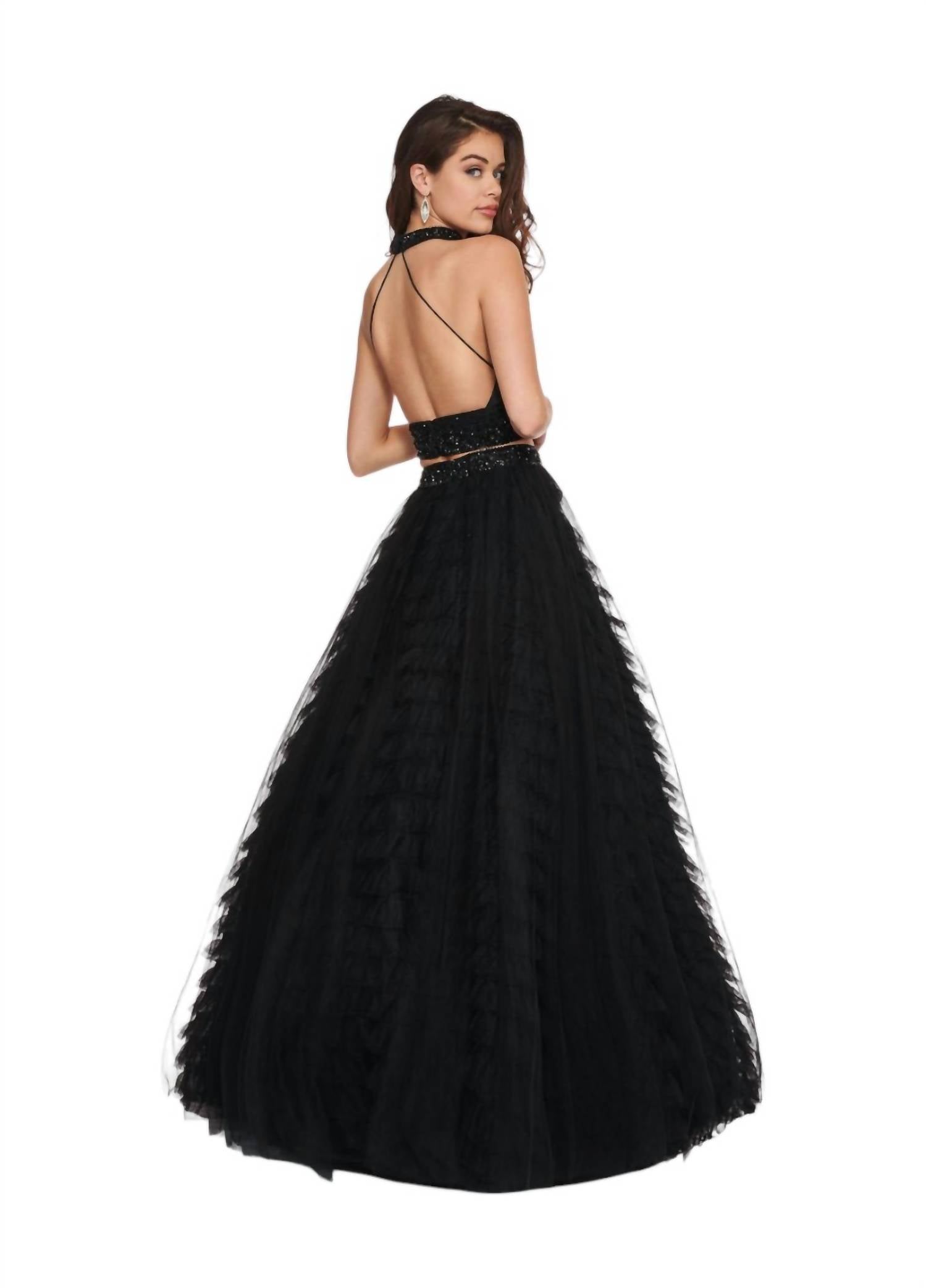 Rachel Allan - Two Piece Halter Ballgown Ruffles Dress With Choker