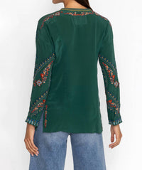 Johnny Was Women's Audrey Mandarin Collar Blouse in emerald green - women's shirt - detail view