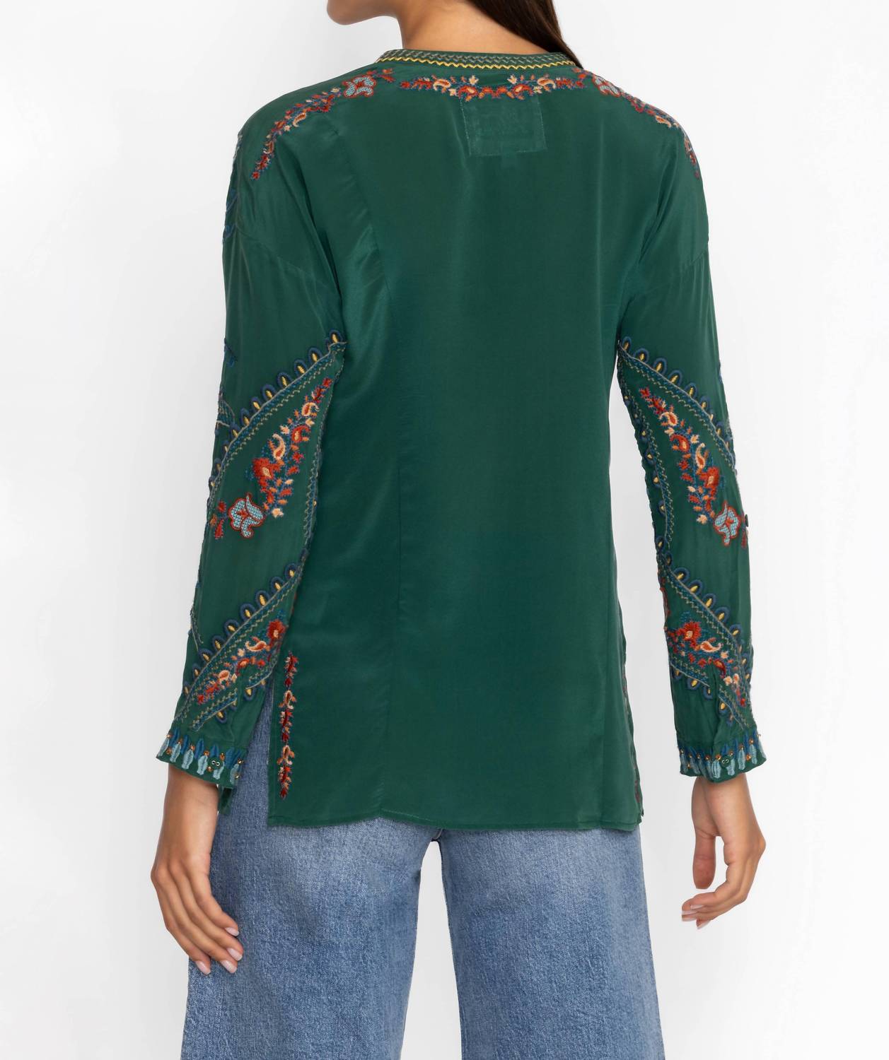 Johnny Was Women's Audrey Mandarin Collar Blouse in emerald green - women's shirt - detail view