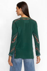 Johnny Was Women's Audrey Mandarin Collar Blouse in emerald green - women's shirt - alternate view