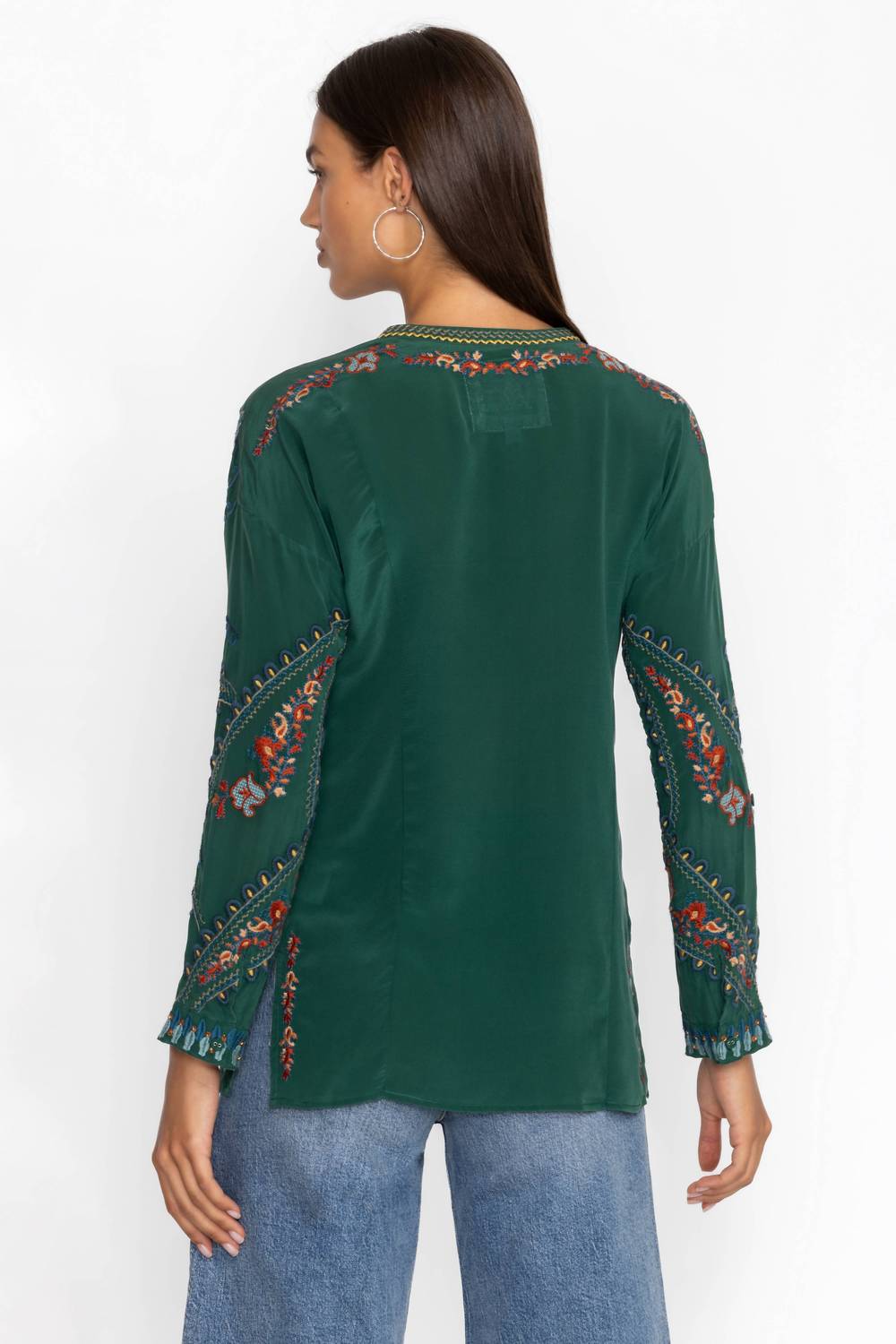 Johnny Was Women's Audrey Mandarin Collar Blouse in emerald green - women's shirt - alternate view