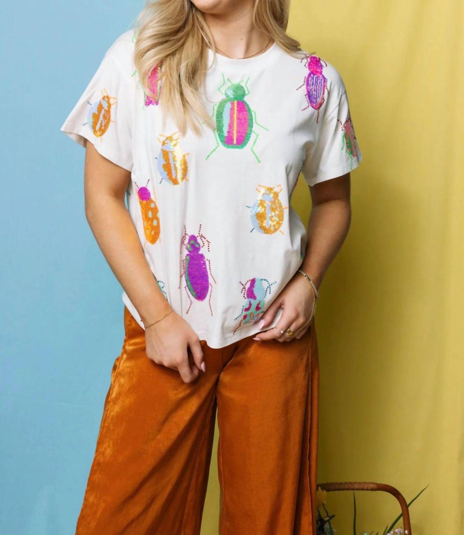 QUEEN OF SPARKLES Scattered Neon Beetle Tee in white - women's t-shirt - view 4