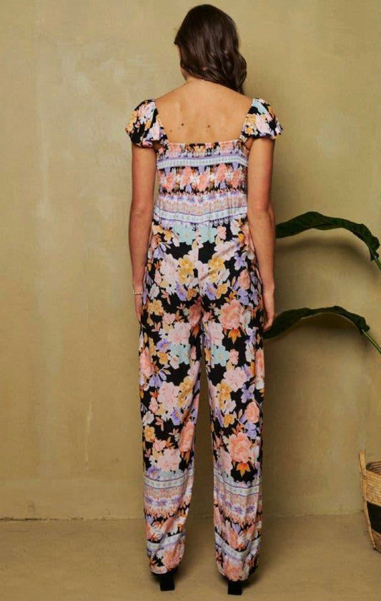 Davi & Dani - floral smocked bodice ruffled jumpsuit