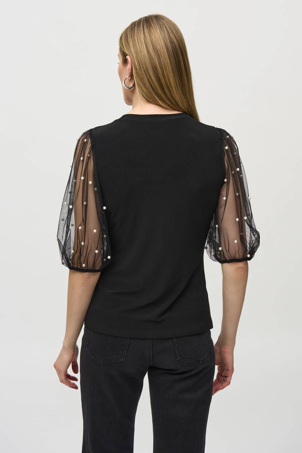 Joseph Ribkoff - Stasia Silky Knit Top With Embellished Mesh Sleeves