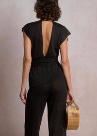 ELAN Sophia Plunge V-neck Blouse in black - women's blouse - detail view