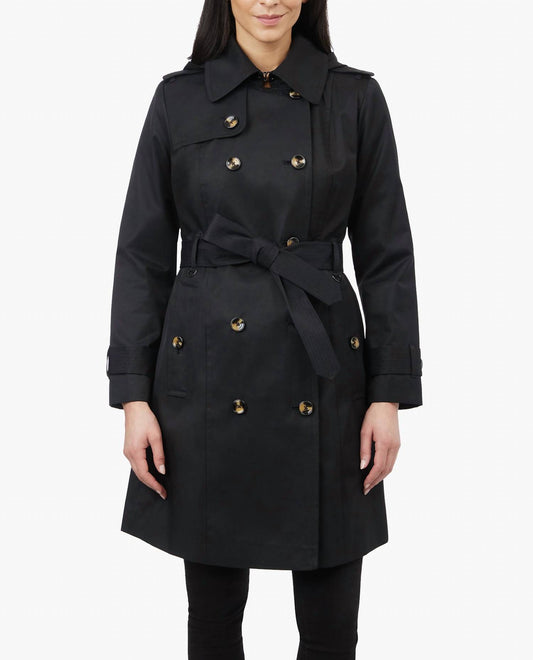 London Fog - Double Breasted Hooded Trench Coat With Waist Belt
