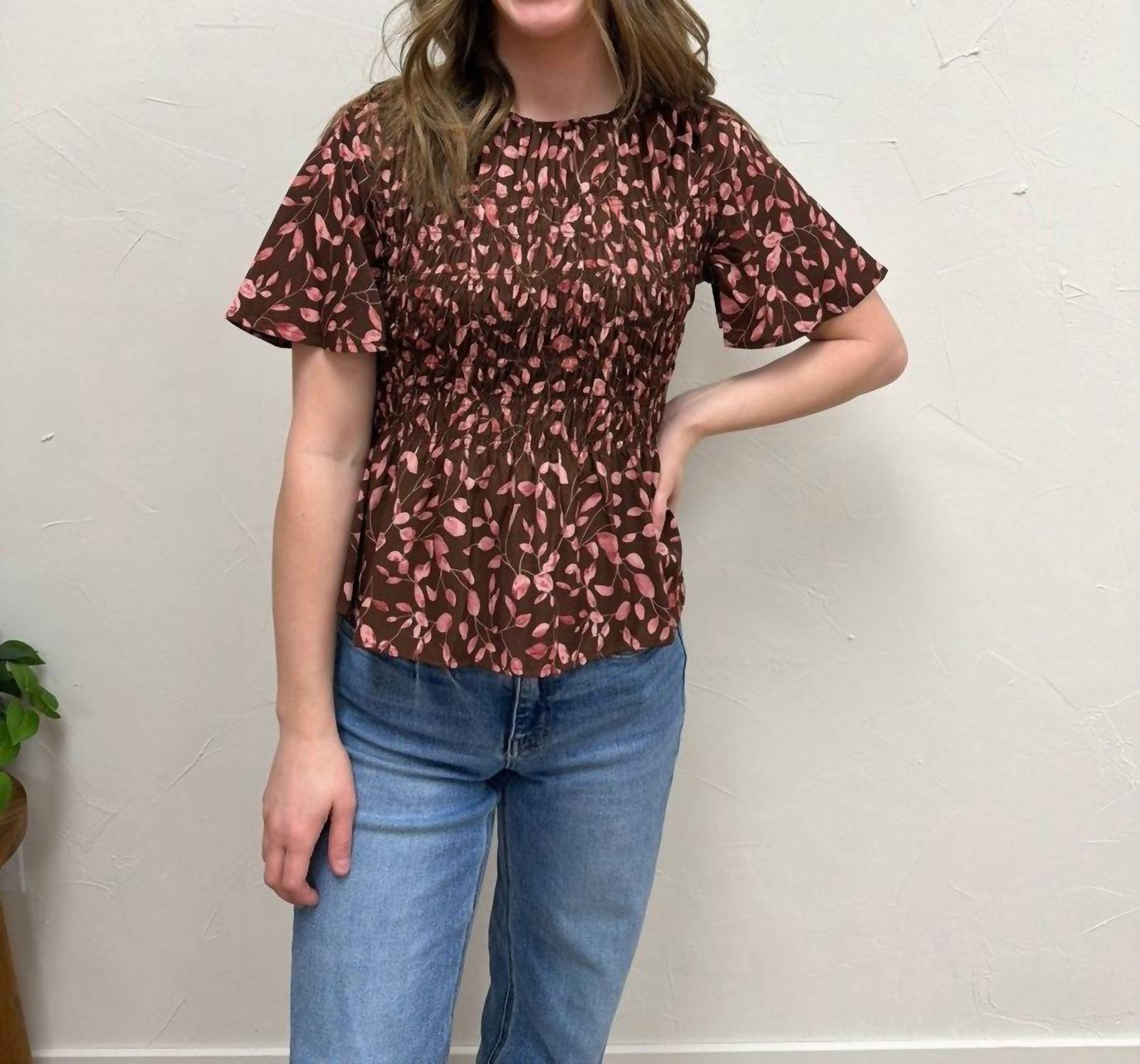 WISHLIST Floral Smocked Peplum Blouse in espresso rose - women's blouse - view 4
