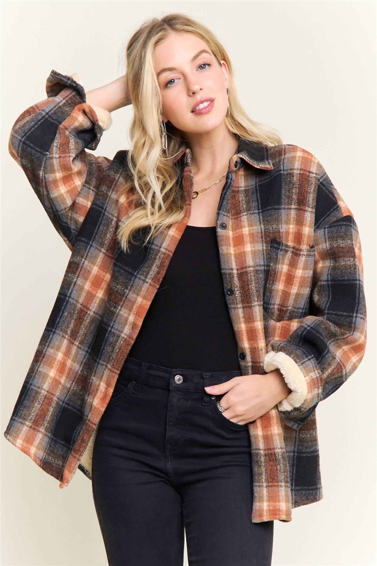 Adora - Plaid Sherpa Lined Button Down Shacket