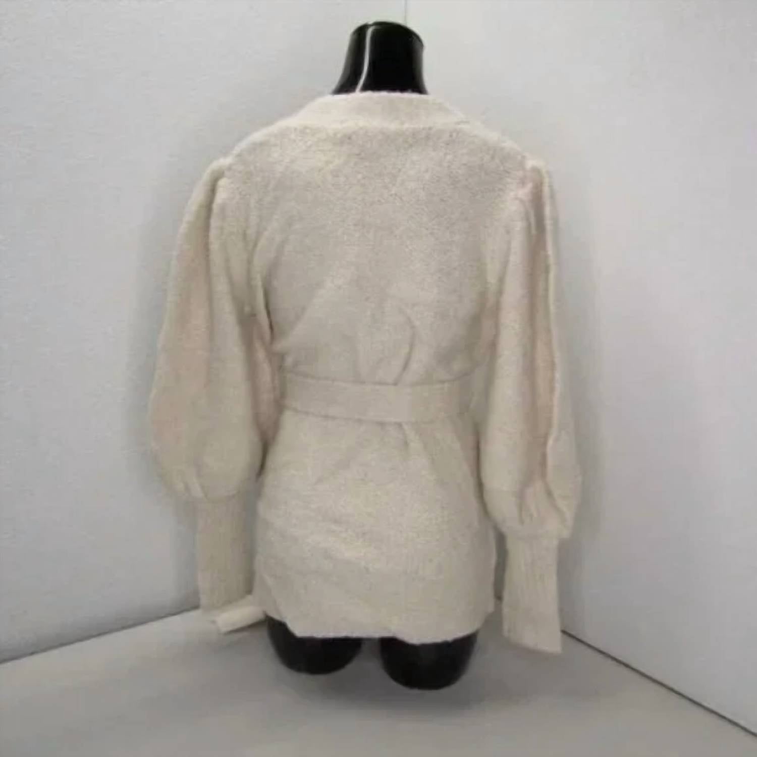 TOCCIN Women's Short Popcorn Button Up Tie Waist Cardigan in cream - women's cardigan - alternate view
