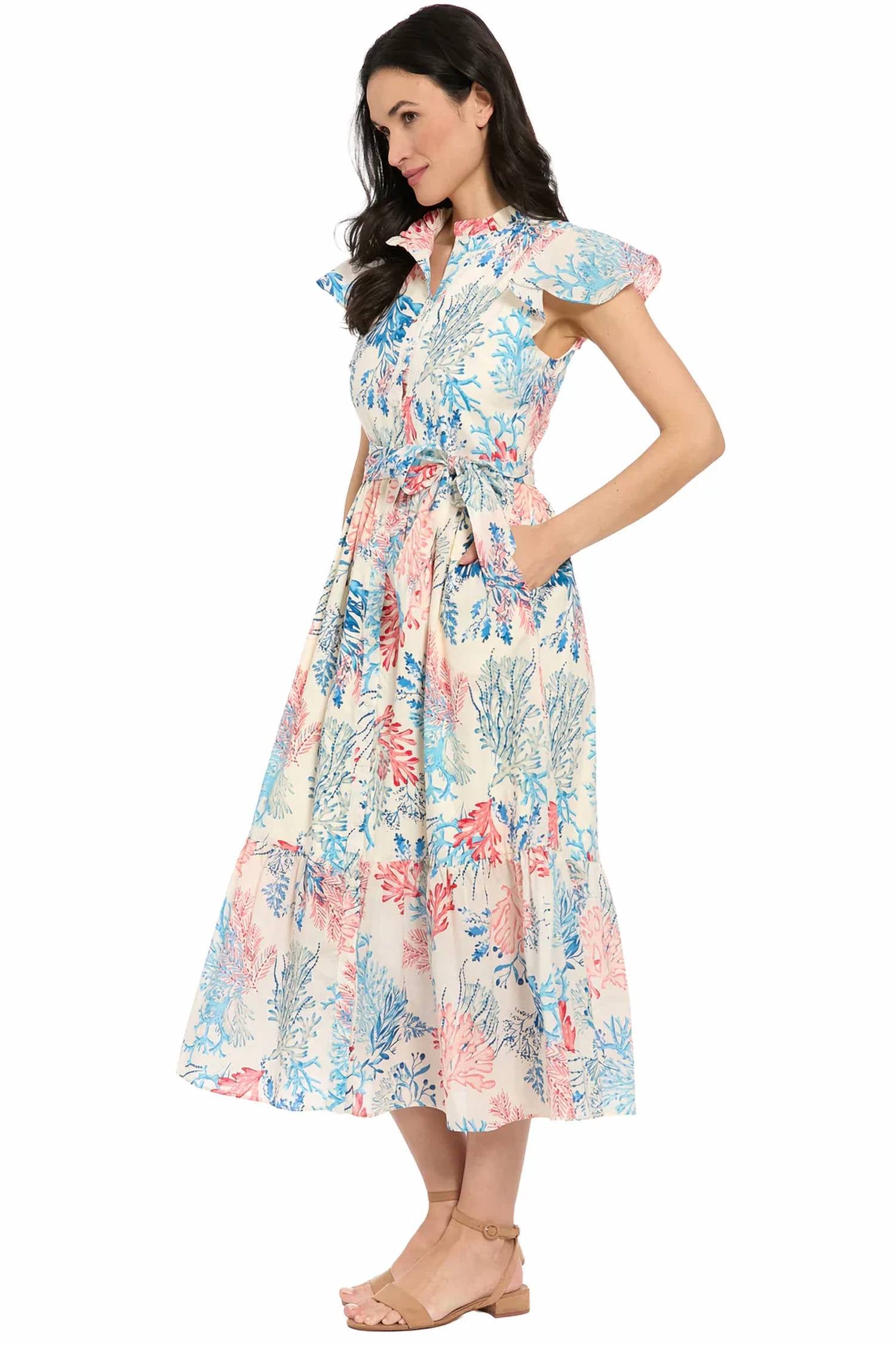 London Times - Ruffle Neck Flutter Sleeve Midi Dress