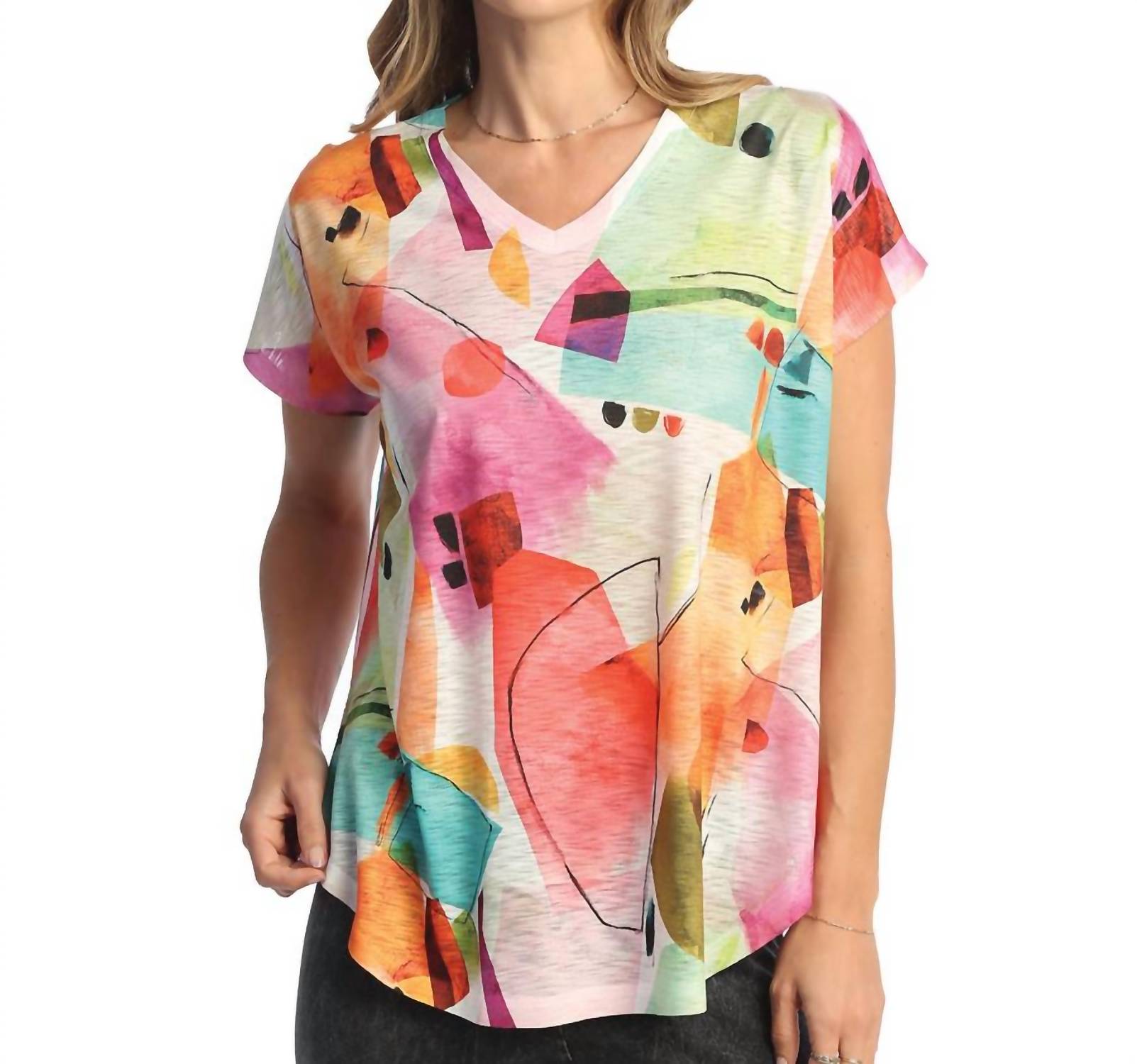 Jess & Jane Livia Cap Sleeve Top in pink multi - women's blouse - detail view