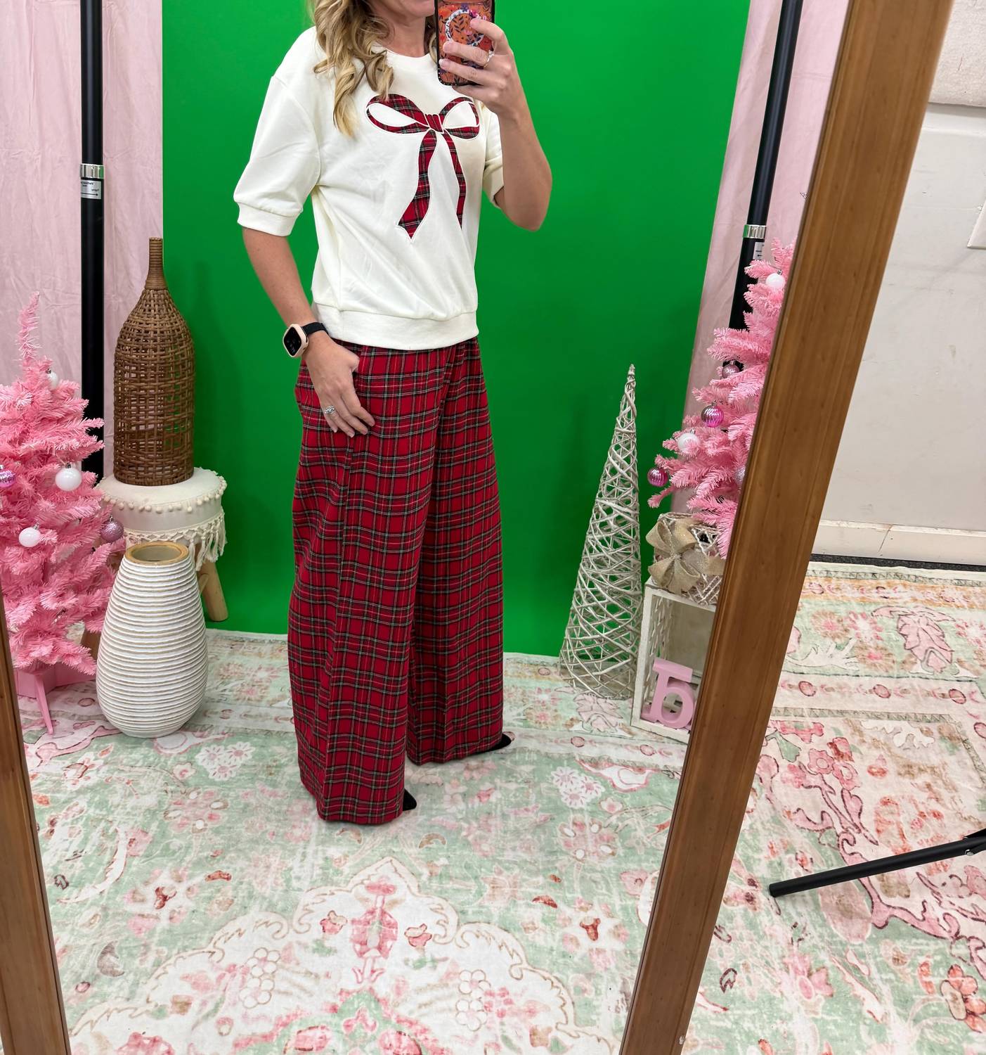 She + Sky - Plaid Bow Accent Top