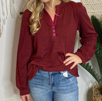 Jodifl Ribbed Henley Tee With Ruffle Neck in burgundy - women's long sleeve top