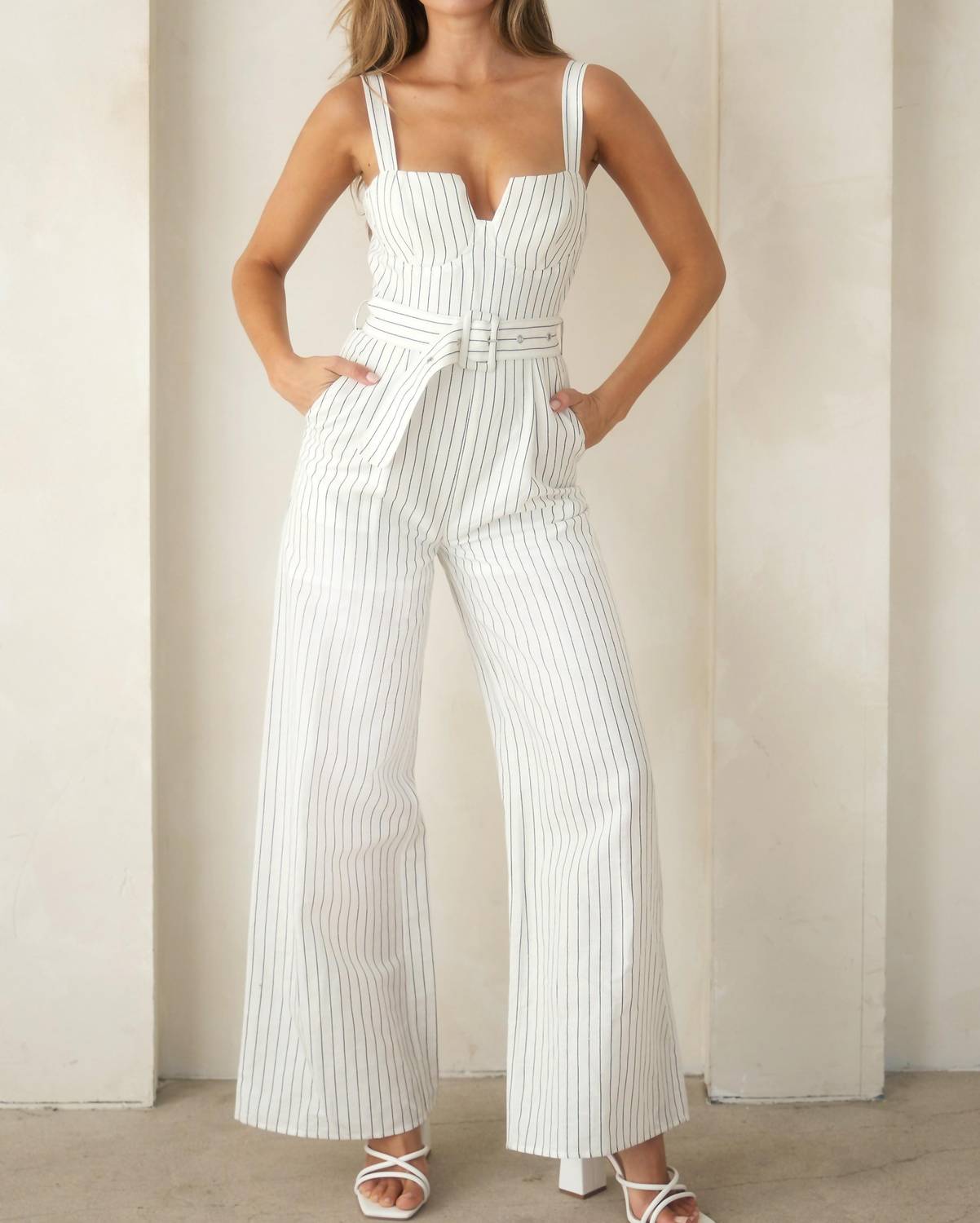 ENDLESS BLU. Striped Bustier Jumpsuit in white black - women's pants