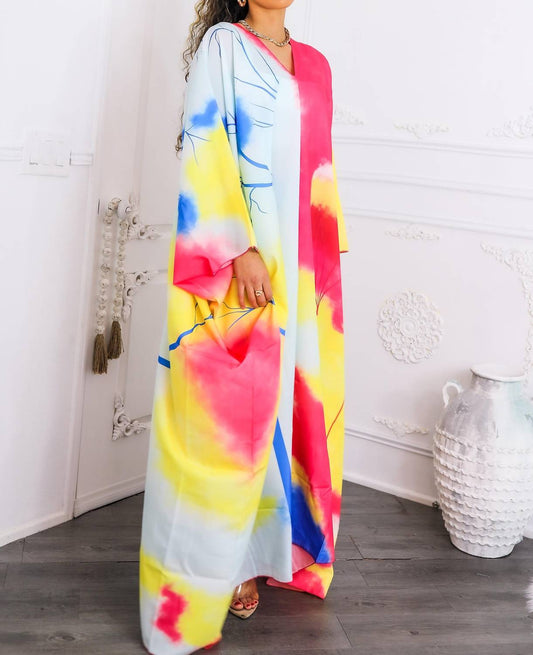 Surelymine - Colorburst Abstract Kimono Maxi Dress Flowy V-neck Style