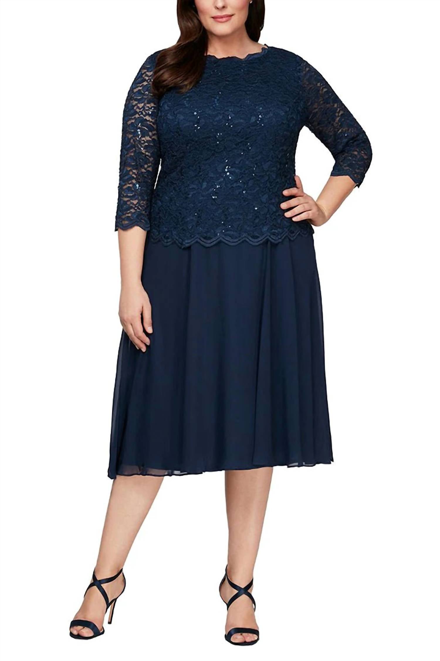 Alex Evenings - Crew Neck Lace Bodice & Chiffon Skirt - Plus