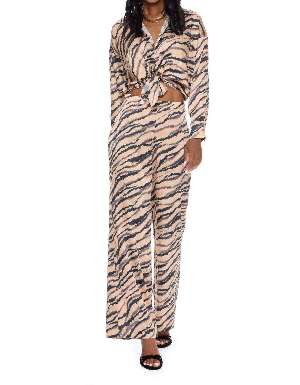 LUCY PARIS Rue Satin Pants in beige multi - women's pants - detail view