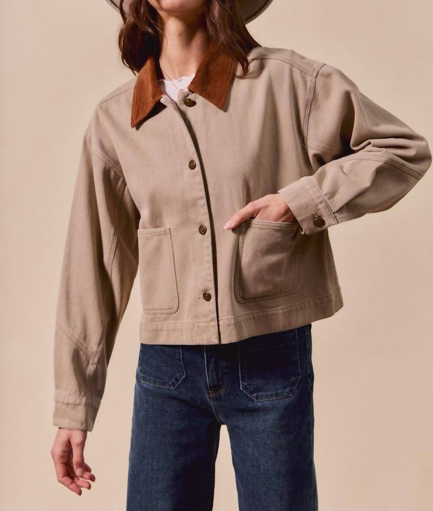 So Me - Cropped Barn Jacket With A Corduroy Collar