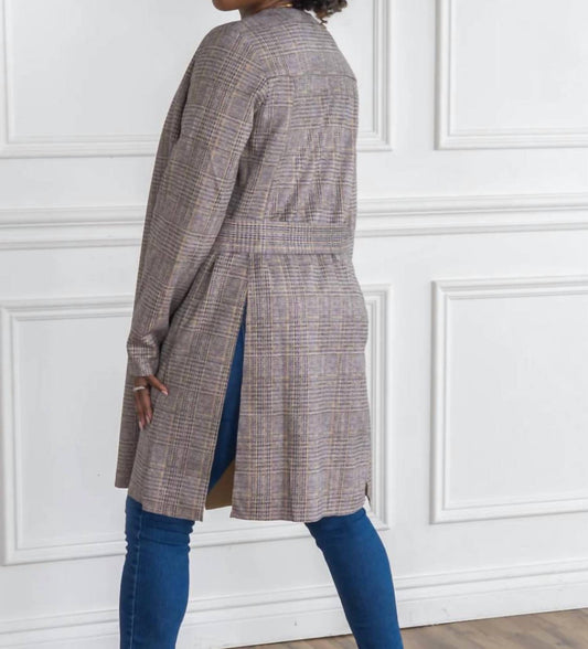 Davi & Dani - PLAID SUEDE LONGLINE SIDE SLITTED HEM BLAZER WITHOUT LAPEL